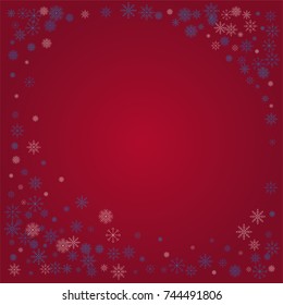 Christmas snow powder frame or border of a random scatter snowflakes on a red background. Snow explosion. Ice storm.