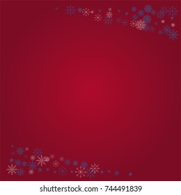 Christmas snow powder frame or border of a random scatter snowflakes on a red background. Snow explosion. Ice storm.