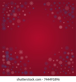 Christmas snow powder frame or border of a random scatter snowflakes on a red background. Snow explosion. Ice storm.