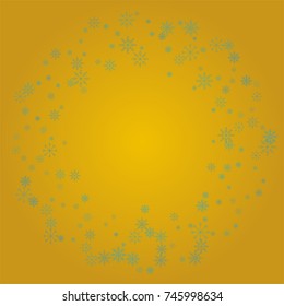 Christmas snow powder frame or border of a random scatter snowflakes on a golden background. Snow explosion. Ice storm.