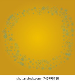Christmas snow powder frame or border of a random scatter snowflakes on a golden background. Snow explosion. Ice storm.