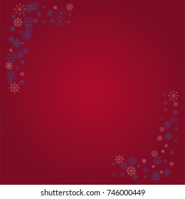 Christmas snow powder frame or border of a random scatter snowflakes on a red background. Snow explosion. Ice storm.