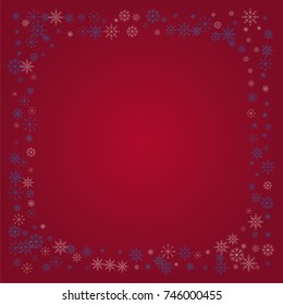 Christmas snow powder frame or border of a random scatter snowflakes on a red background. Snow explosion. Ice storm.