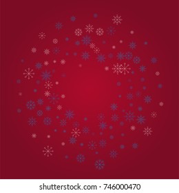 Christmas snow powder frame or border of a random scatter snowflakes on a red background. Snow explosion. Ice storm.