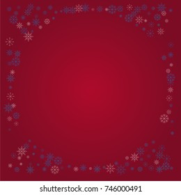 Christmas snow powder frame or border of a random scatter snowflakes on a red background. Snow explosion. Ice storm.