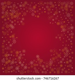 Christmas snow powder frame or border of a random scatter snowflakes on a red background. Snow explosion. Ice storm.