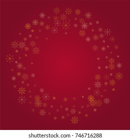 Christmas snow powder frame or border of a random scatter snowflakes on a red background. Snow explosion. Ice storm.