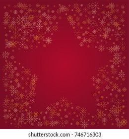 Christmas snow powder frame or border of a random scatter snowflakes on a red background. Snow explosion. Ice storm.