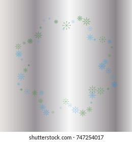 Christmas snow powder frame or border of a random scatter snowflakes on a silver background. Snow explosion. Ice storm.