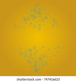Christmas snow powder frame or border of a random scatter snowflakes on a golden background. Snow explosion. Ice storm.