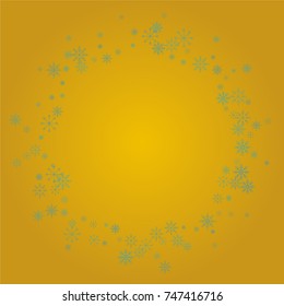 Christmas snow powder frame or border of a random scatter snowflakes on a golden background. Snow explosion. Ice storm.
