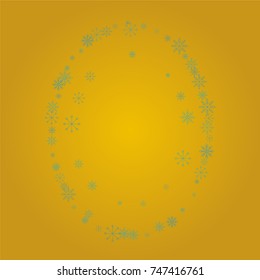 Christmas snow powder frame or border of a random scatter snowflakes on a golden background. Snow explosion. Ice storm.