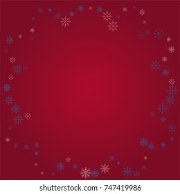 Christmas snow powder frame or border of a random scatter snowflakes on a red background. Snow explosion. Ice storm.