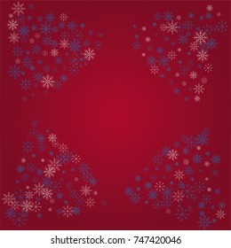 Christmas snow powder frame or border of a random scatter snowflakes on a red background. Snow explosion. Ice storm.