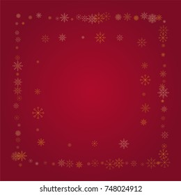 Christmas snow powder frame or border of a random scatter snowflakes on a red background. Snow explosion. Ice storm.