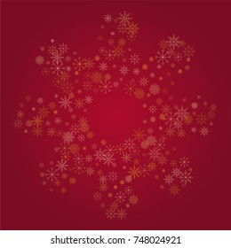 Christmas snow powder frame or border of a random scatter snowflakes on a red background. Snow explosion. Ice storm.