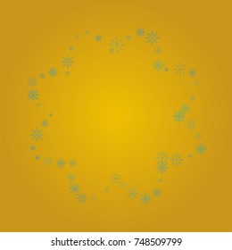 Christmas snow powder frame or border of a random scatter snowflakes on a golden background. Snow explosion. Ice storm.