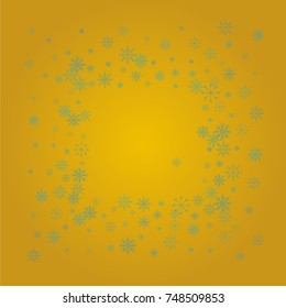 Christmas snow powder frame or border of a random scatter snowflakes on a golden background. Snow explosion. Ice storm.