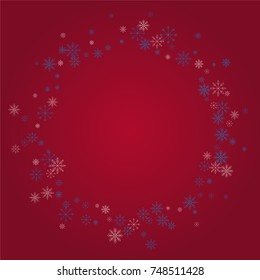 Christmas snow powder frame or border of a random scatter snowflakes on a red background. Snow explosion. Ice storm.