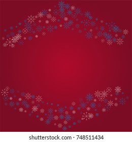 Christmas snow powder frame or border of a random scatter snowflakes on a red background. Snow explosion. Ice storm.