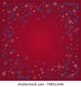 Christmas snow powder frame or border of a random scatter snowflakes on a red background. Snow explosion. Ice storm.