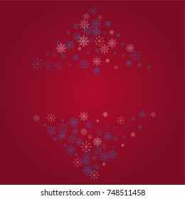 Christmas snow powder frame or border of a random scatter snowflakes on a red background. Snow explosion. Ice storm.