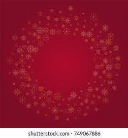 Christmas snow powder frame or border of a random scatter snowflakes on a red background. Snow explosion. Ice storm.