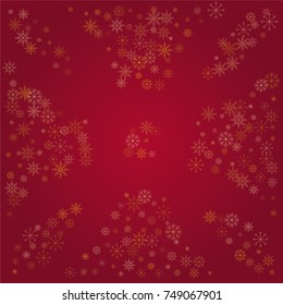 Christmas snow powder frame or border of a random scatter snowflakes on a red background. Snow explosion. Ice storm.