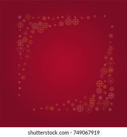 Christmas snow powder frame or border of a random scatter snowflakes on a red background. Snow explosion. Ice storm.