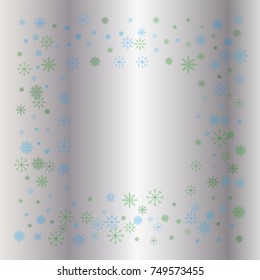 Christmas snow powder frame or border of a random scatter snowflakes on a silver background. Snow explosion. Ice storm.