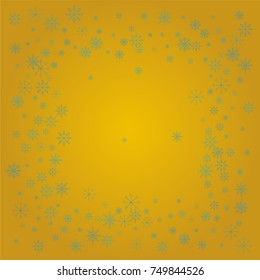 Christmas snow powder frame or border of a random scatter snowflakes on a golden background. Snow explosion. Ice storm.