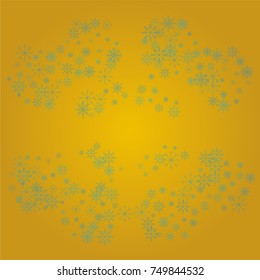 Christmas snow powder frame or border of a random scatter snowflakes on a golden background. Snow explosion. Ice storm.