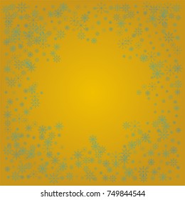 Christmas snow powder frame or border of a random scatter snowflakes on a golden background. Snow explosion. Ice storm.