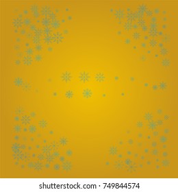 Christmas snow powder frame or border of a random scatter snowflakes on a golden background. Snow explosion. Ice storm.