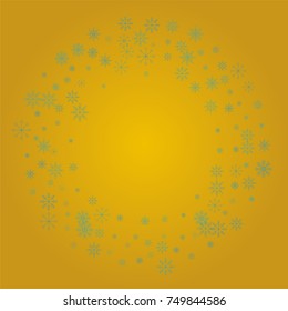 Christmas snow powder frame or border of a random scatter snowflakes on a golden background. Snow explosion. Ice storm.