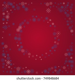 Christmas snow powder frame or border of a random scatter snowflakes on a red background. Snow explosion. Ice storm.