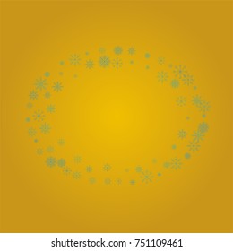 Christmas snow powder frame or border of a random scatter snowflakes on a golden background. Snow explosion. Ice storm.