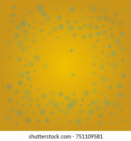 Christmas snow powder frame or border of a random scatter snowflakes on a golden background. Snow explosion. Ice storm.