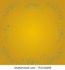 Christmas snow powder frame or border of a random scatter snowflakes on a golden background. Snow explosion. Ice storm.