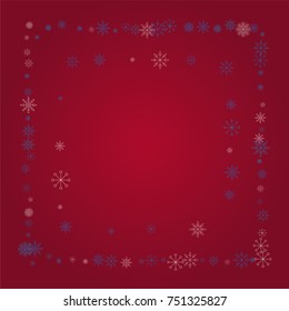 Christmas snow powder frame or border of a random scatter snowflakes on a red background. Snow explosion. Ice storm.