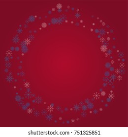 Christmas snow powder frame or border of a random scatter snowflakes on a red background. Snow explosion. Ice storm.
