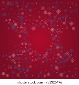 Christmas snow powder frame or border of a random scatter snowflakes on a red background. Snow explosion. Ice storm.
