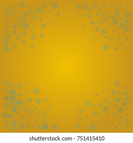 Christmas snow powder frame or border of a random scatter snowflakes on a golden background. Snow explosion. Ice storm.