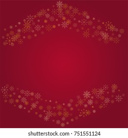 Christmas snow powder frame or border of a random scatter snowflakes on a red background. Snow explosion. Ice storm.