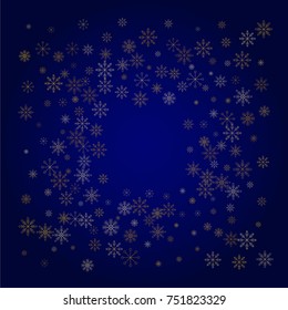 Christmas snow powder frame or border of a random scatter snowflakes in blue. Snow explosion. Ice storm.