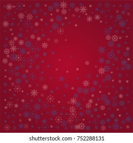 Christmas snow powder frame or border of a random scatter snowflakes on a red background. Snow explosion. Ice storm.