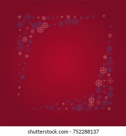 Christmas snow powder frame or border of a random scatter snowflakes on a red background. Snow explosion. Ice storm.