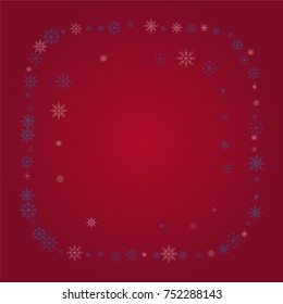 Christmas snow powder frame or border of a random scatter snowflakes on a red background. Snow explosion. Ice storm.