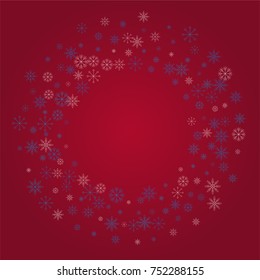 Christmas snow powder frame or border of a random scatter snowflakes on a red background. Snow explosion. Ice storm.