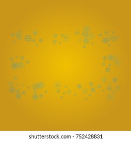 Christmas snow powder frame or border of a random scatter snowflakes on a golden background. Snow explosion. Ice storm.